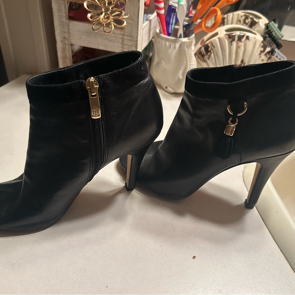 Vince Camuto Black Heeled Boots with Gold Accents